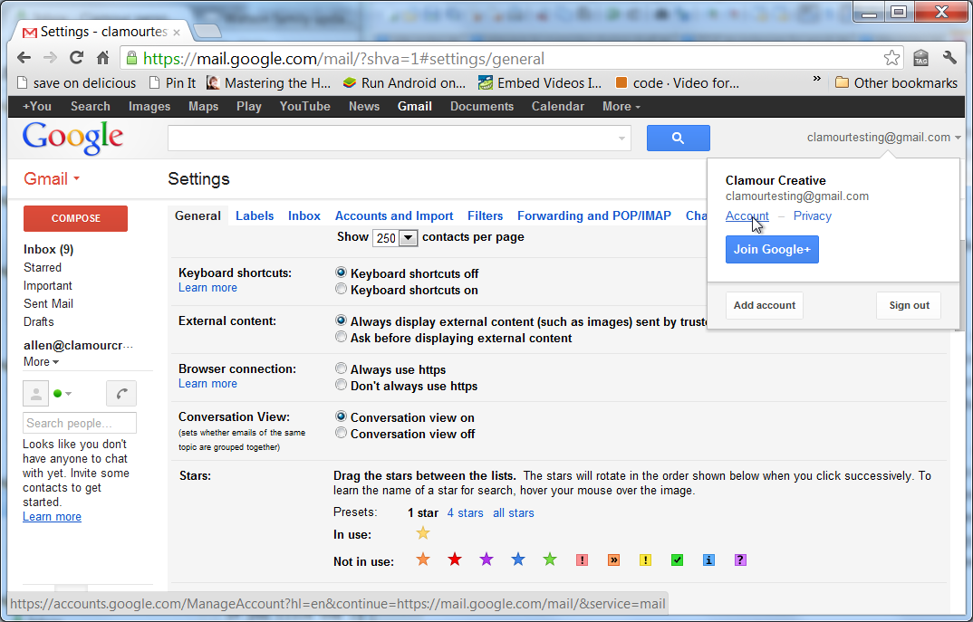 Access Account menu in Gmail