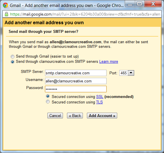 Enter SMTP server settings